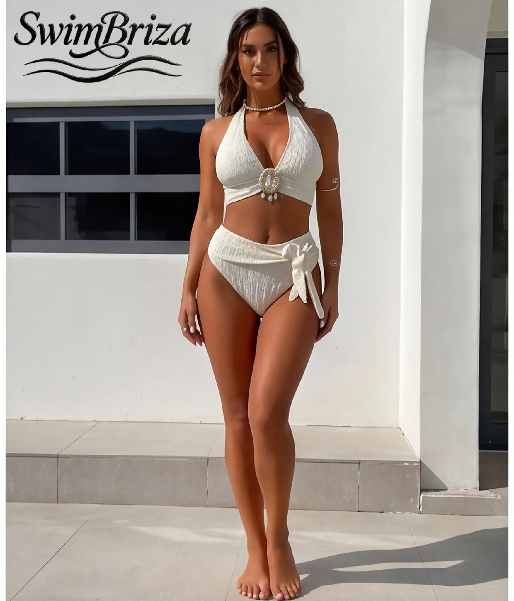 Briza｜Women's Smocked Halter Bikini Set High Waisted Two Piece Swimsuit Cream White Textured Bathing Suit Shell Ring Detail Push Up Swimwear Summer Beach Vacation Pool Swimsuits 2 Piece, Women's Swimwear, Bathing Suit for Women, Halter Neck
