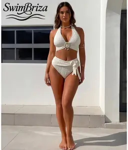 Briza｜Women's Smocked Halter Bikini Set High Waisted Two Piece Swimsuit Cream White Textured Bathing Suit Shell Ring Detail Push Up Swimwear Summer Beach Vacation Pool Swimsuits 2 Piece, Women's Swimwear, Bathing Suit for Women, Halter Neck