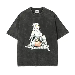 Men's Unisex Ghost Girl Graphic Tee - Vintage Washed Oversized T-Shirt, Halloween Aesthetic Streetwear Top, Y2K Spooky Summer Plus-Size Clothing