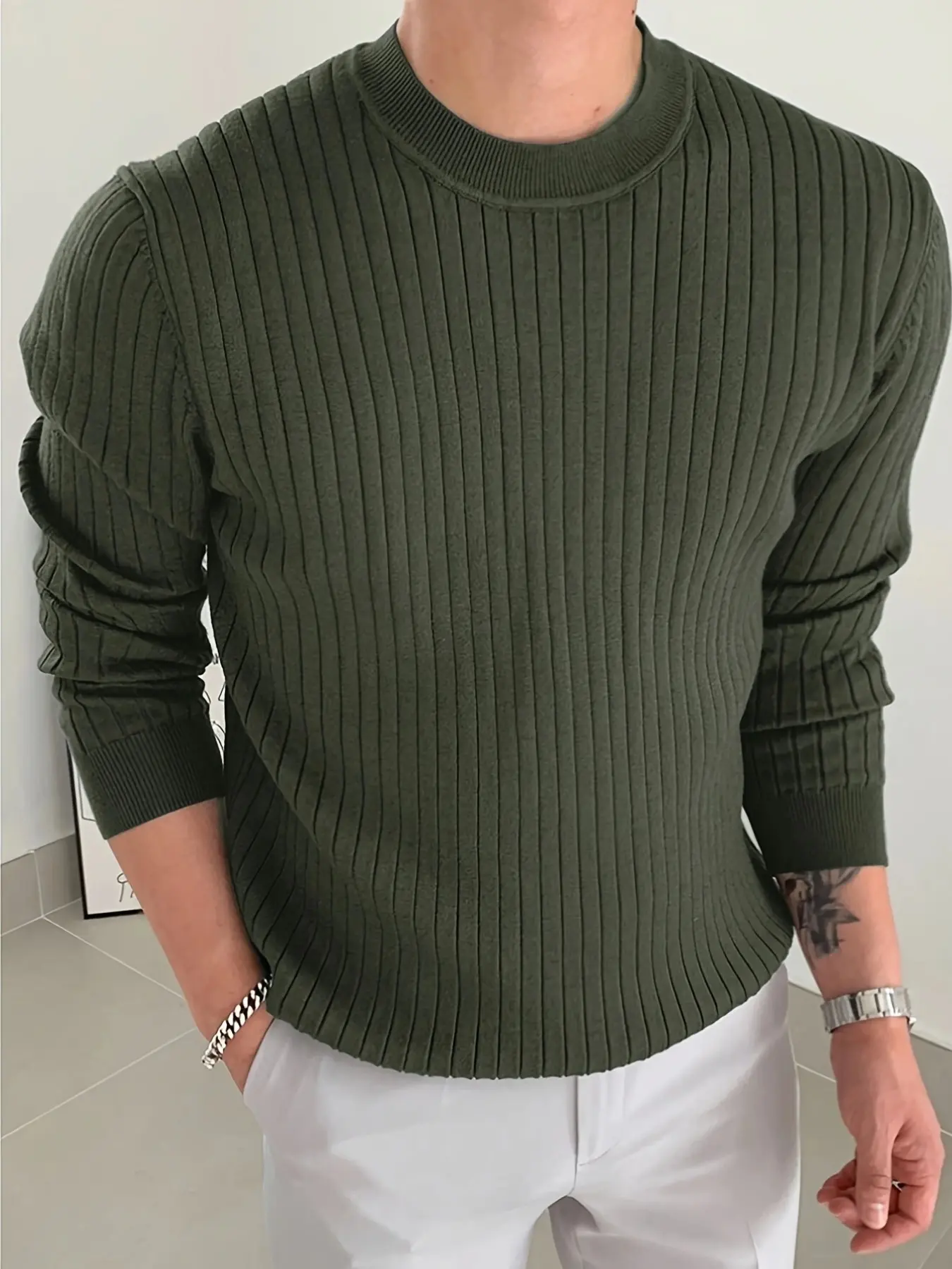 Men's Vertical Striped Knit Sweater, Casual Round Neck Long Sleeve Top, Street Casual Jumper, Spring & Fall Commuter Wear, Versatile Inner Layer, Knitwear