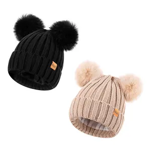 2PC Beanie for Women  Double Pom Knit Winter Hat  Warm Fleece Lined Wool Ski Cap