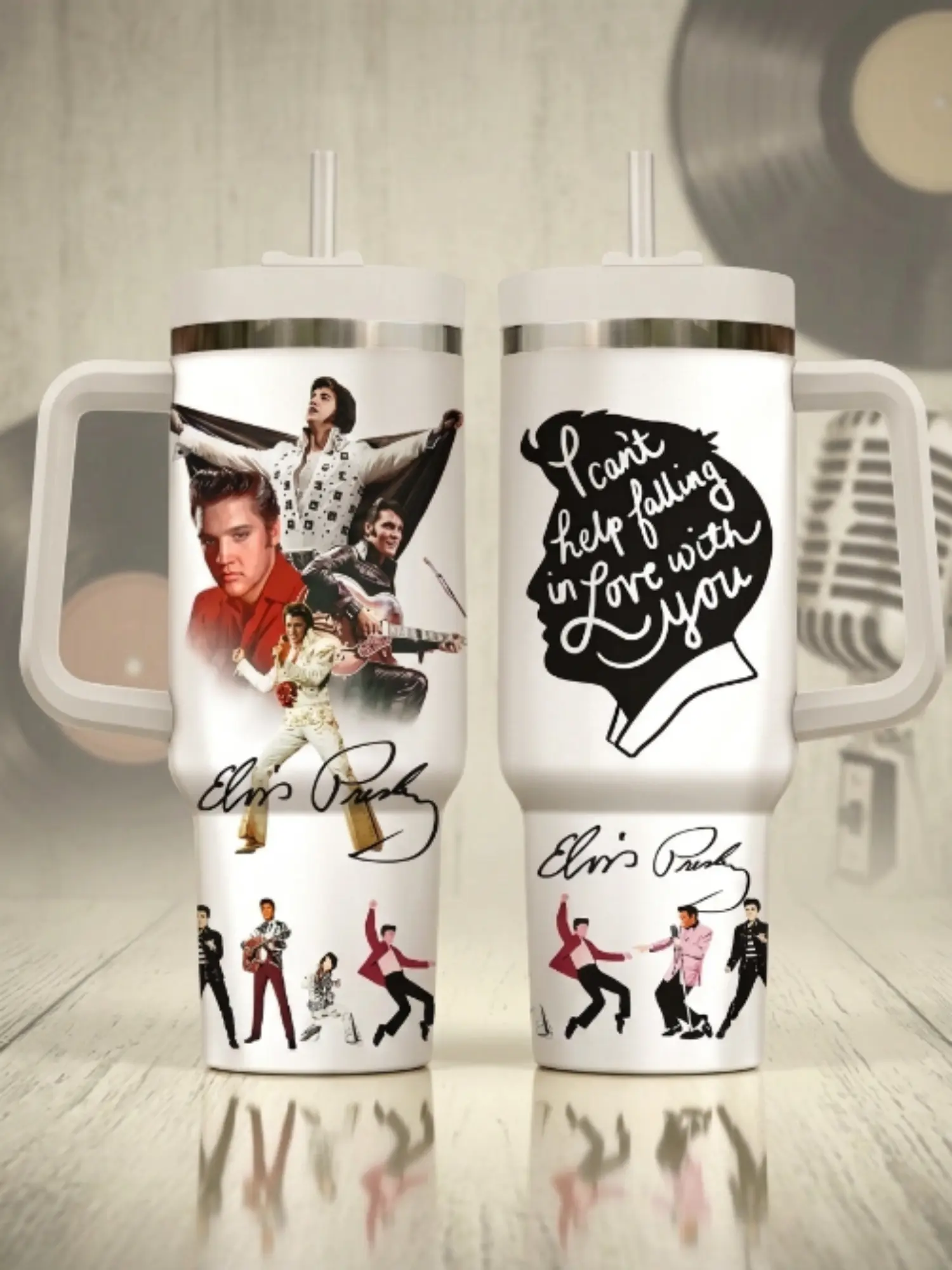 Elviss P Can't Help Falling in Love Tumbler 30oz 40oz with Handle, White Music Collage Fan Cup, Romantic Song Travel Mug Gift, Straw Not Included