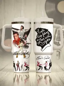 Elviss P Can't Help Falling in Love Tumbler 30oz 40oz with Handle, White Music Collage Fan Cup, Romantic Song Travel Mug Gift, Straw Not Included