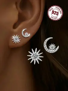 A Pair Of Star Moon Synthetic Zircon Unique Earrings, S925 Silver, Women's Fashionable Earrings, Exquisite Luxury, The Best Choice for Delicate Women, Suitable for Wearing At Banquets and Weddings, Perfect Gift, Hypoallergenic, High Quality Earrings