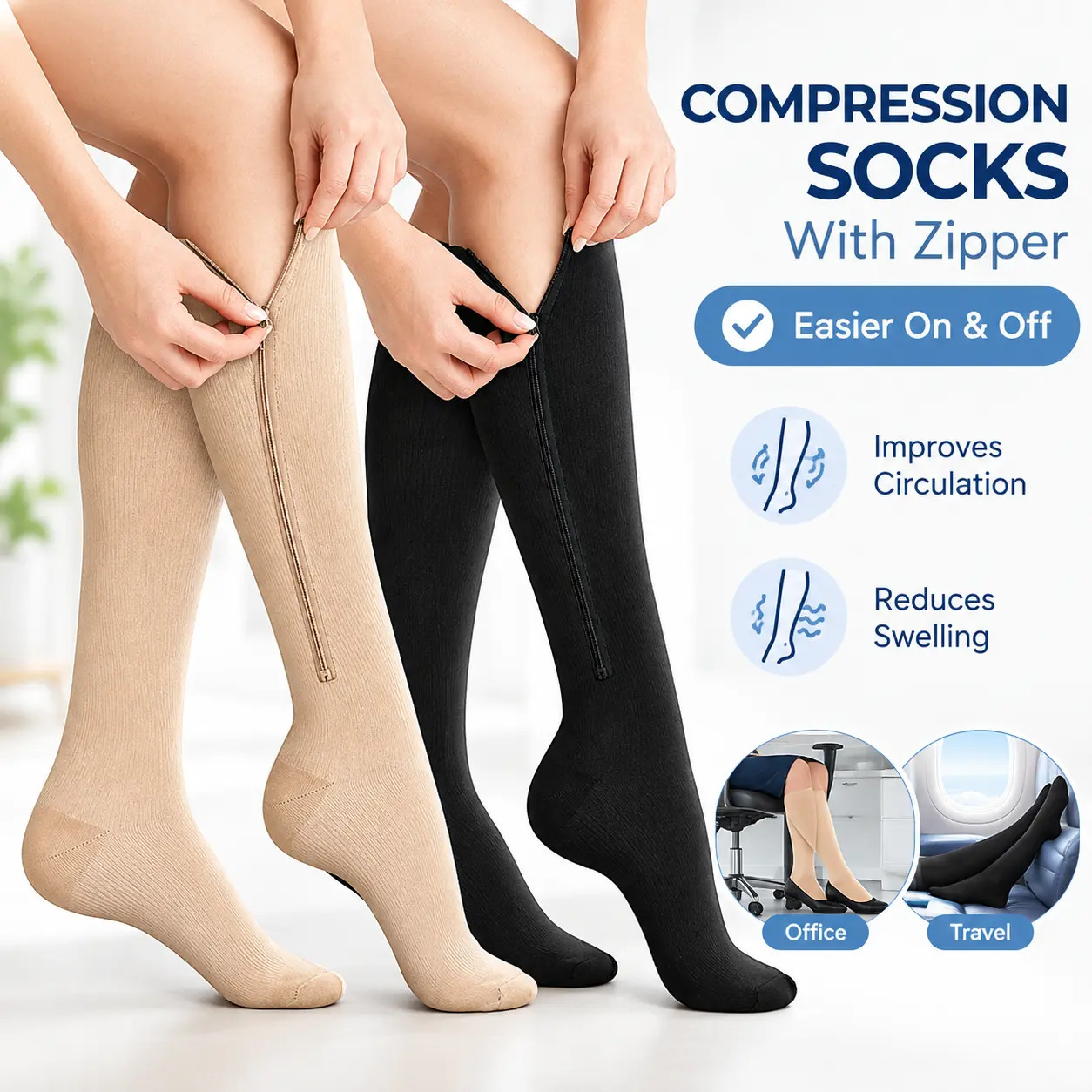 Pack of 1 pair, unisex compression socks with zipper, ideal for everyday prolonged sitting and standing; calf compression socks that relieve leg cramps and pressure; knee-length compression socks; suitable for running, cycling, hiking, and indoor long-sit