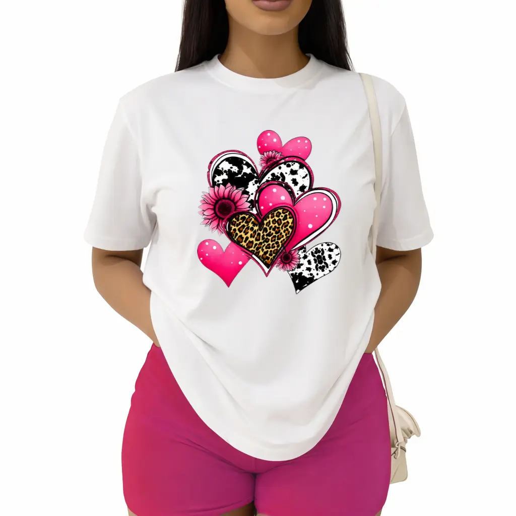 "[Casual Comfort T-Shirt] Stylish Heart Print Women's Casual T-Shirt - Comfortable Crew Neck, Short Sleeve, Fabric, with Leopard & Floral Heart Design ,Valentine's Day short-sleeved shirt"