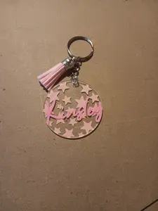 Keychain with Tassel - Checkered Plaid Design for Anniversary - Pink Tassel & Star Patterned Keychain - Personalized Name "Kinsley"