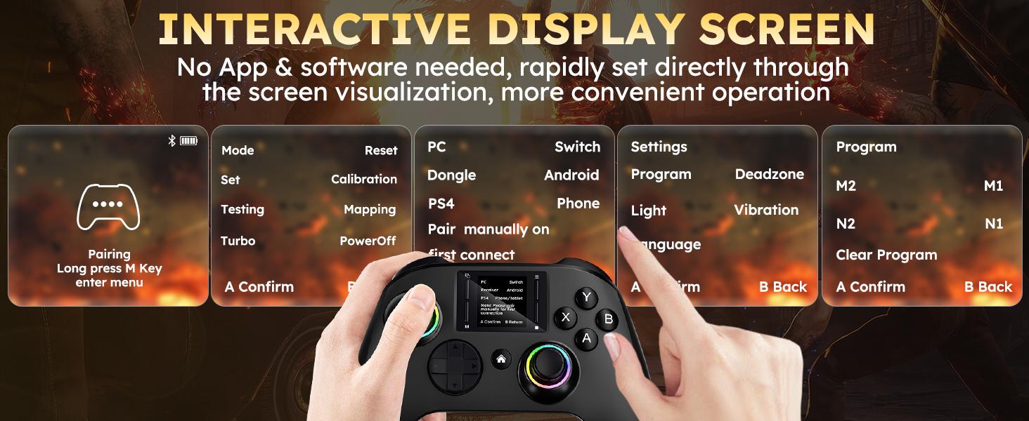 Interactive Screen Wireless Gaming Controller for PC/PS4/Switch/Android/iOS, Gamepad with Phone Clip for Gamers,4 Programmable/Turbo/6-axis Gyro/Dual Vibration/RGB Lighting/Wake-up/Wake-up/1000mAh Interactive Screen Wireless Gaming Controller for PC/PS4/Switch/Android/iOS, Gamepad with Phone Clip for Gamers,4 Programmable/Turbo/6-axis Gyro/Dual Vibration/RGB Lighting/Wake-up/Wake-up/1000mAh
