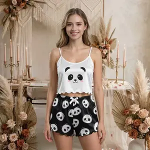 Women's Plus Size Cute 2-Piece Panda Print Summer Suspender Shorts Loungewear Set - Stylish Comfortable Top, Casual Home Sleepwear, Style