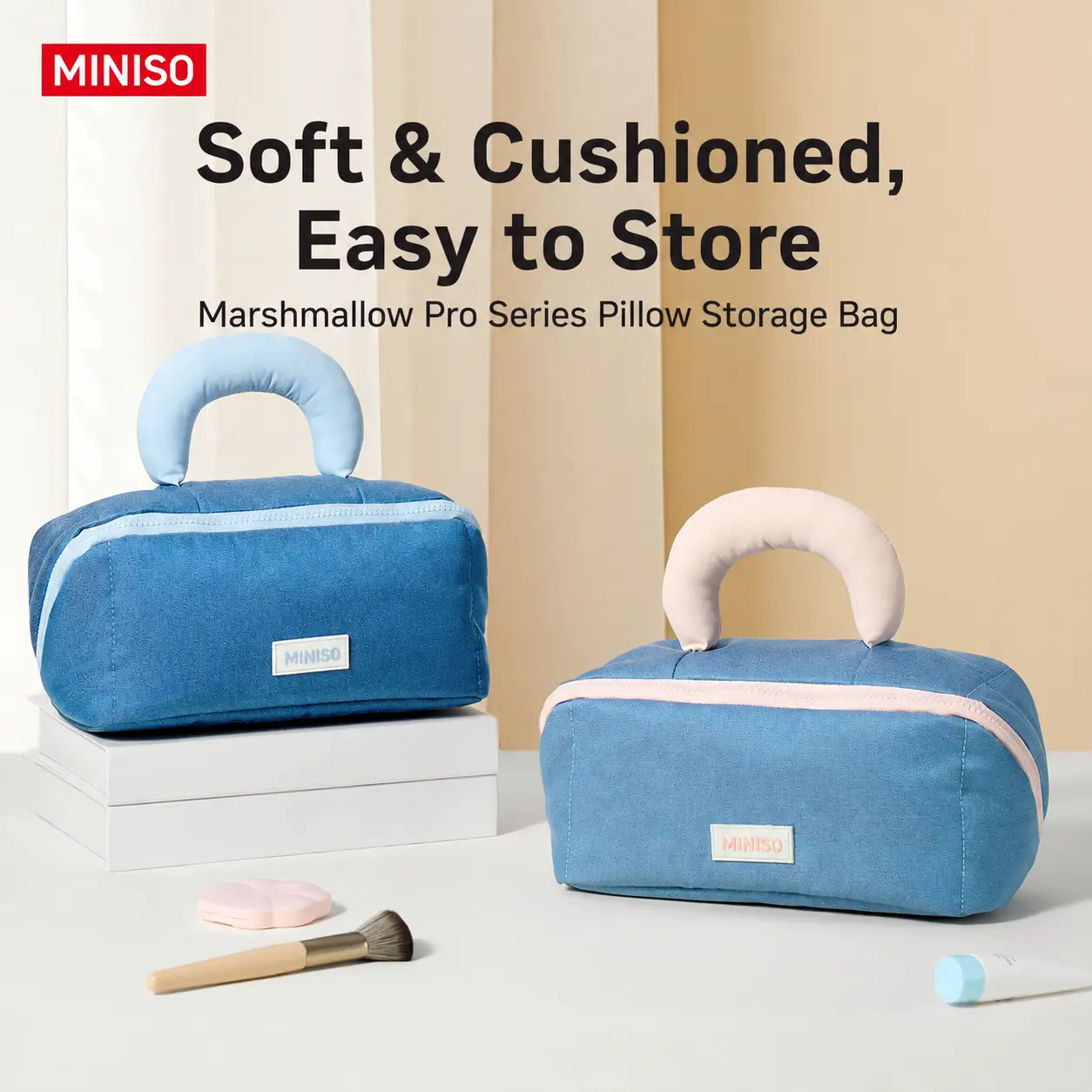 MINISO Marshmallow Pro Zippered Pillow Storage Bag - Soft Fabric, Compact, Daily Use Organizer Case with Carry Handle for Travelers, Home Storage