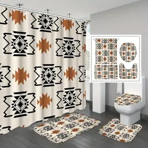Boho Style Bath Curtain Set, Checkered Plaid Design, Vintage Wall Hanging for Bathroom, Living Room, Bedroom Decor, Ceiling Mounted
