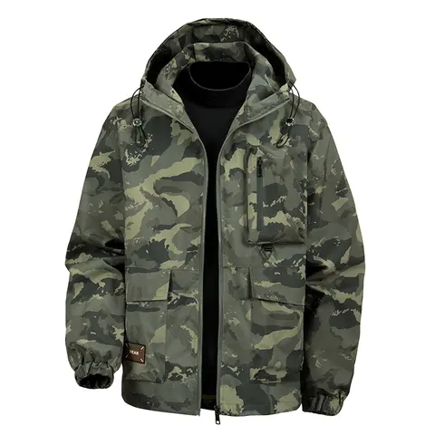 Men's Lightweight Soft Shell Jacket - Fitted Athletic Woven Hooded Top with Camouflage Print, Windproof, Water-Resistant, Zipper, Pocket, Durable Fabric, Outdoor Outerwear