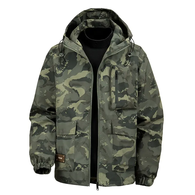 Men's Fashion Long Sleeve Camouflage Soft Shell Jacket - Windproof, Waterproof, Breathable, Hooded, Zipper Pockets, Casual Athletic Windproof Outerwear for Spring & Autumn Menswear Tops
