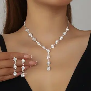 Luxury Bride Jewelry Set with Exquisite Imitation Pearl V-Shape Tassel Necklace & Earrings for Wedding Occasion
