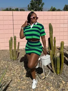 Tw683 Women's Two-Piece Set with Striped Color Block Knit Cropped Top and Fitted Bodycon Skirt, Casual Summer Fashion for Outings and Dates, Womenswear
