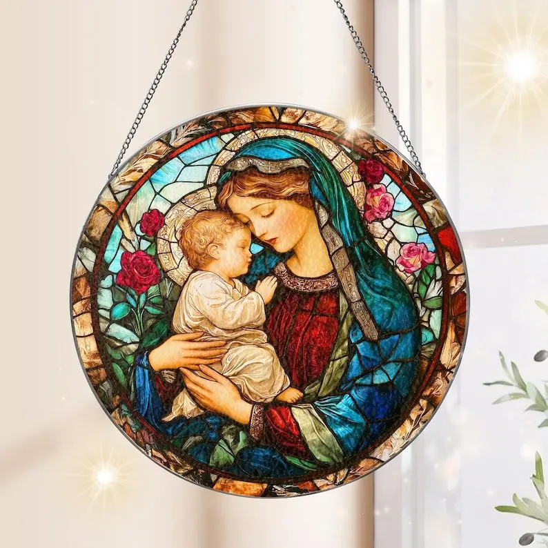 Virgin Mary and Baby Jesus Stained Glass Suncatcher Window Hanging Decor | Handcrafted Faux Stained Glass Acrylic Panel | Religious Christian Gift Mother Mary Wall Art with Hanging Chain