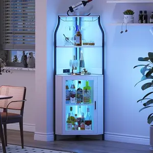 Farmhouse 5-Tier Corner Wine Bar Cabinet with Barn Door, Glass Rack & Adjustable Shelves for Dining Room, Living Room storage organizer