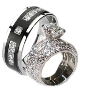 His Hers 3.20 Ct Cz Wedding Ring Set Stainless Steel & Black Plated Titanium