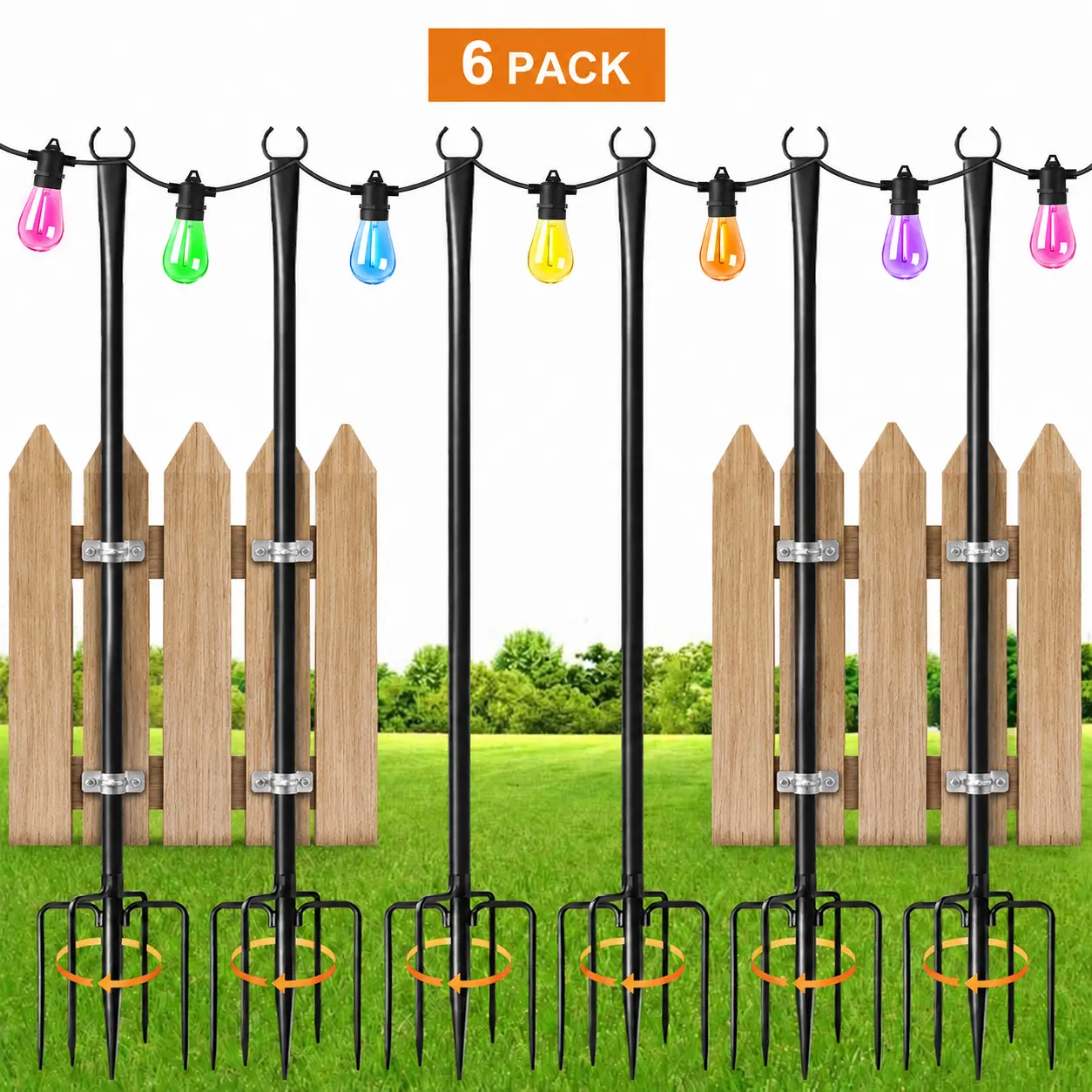 10Ft Outdoor String Light Poles, Double Shepherd Hook Metal Stands for Patio String Lights, Heavy Duty Adjustable Hanging Posts with Ground Stakes for Backyard, Deck, Garden, Wedding & Party Decor, 4/6/8/12 Pack