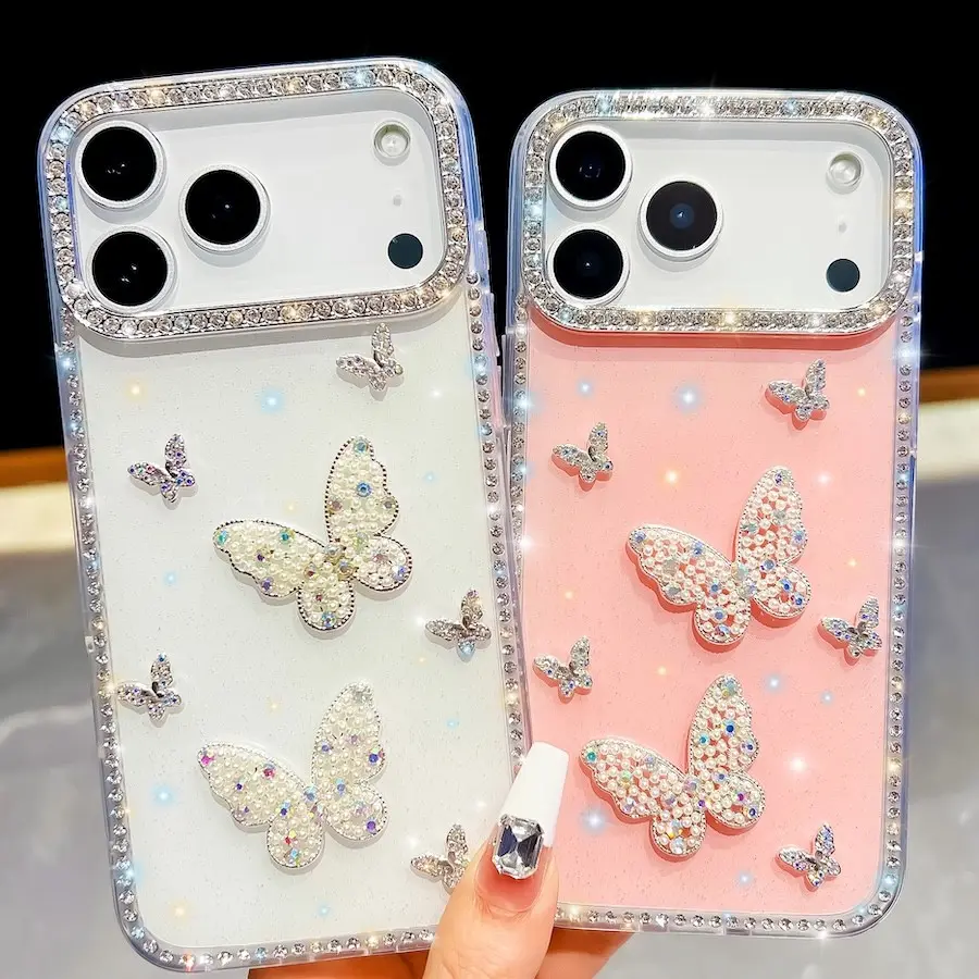 Glitter Butterfly Phone Case For iPhone 17 Pro Max 17 Air 16 15 14 13 Pro Max 16 Plus 16E Bling Glitter Protector Cover Accessories