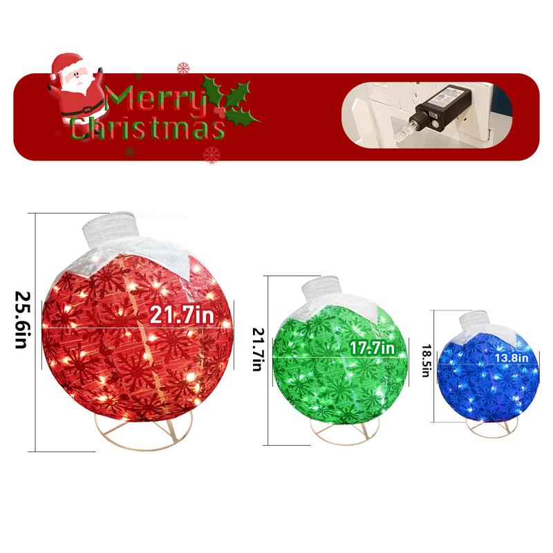 Christmas Outdoor Decoration, Christmas Ball lights, 3-Piece Pop-Up Christmas Ball Set with 184 LED Lights, Pre-Lit Iridescent, 3D Glittered Standing Holiday Display for Outdoor Ornaments
