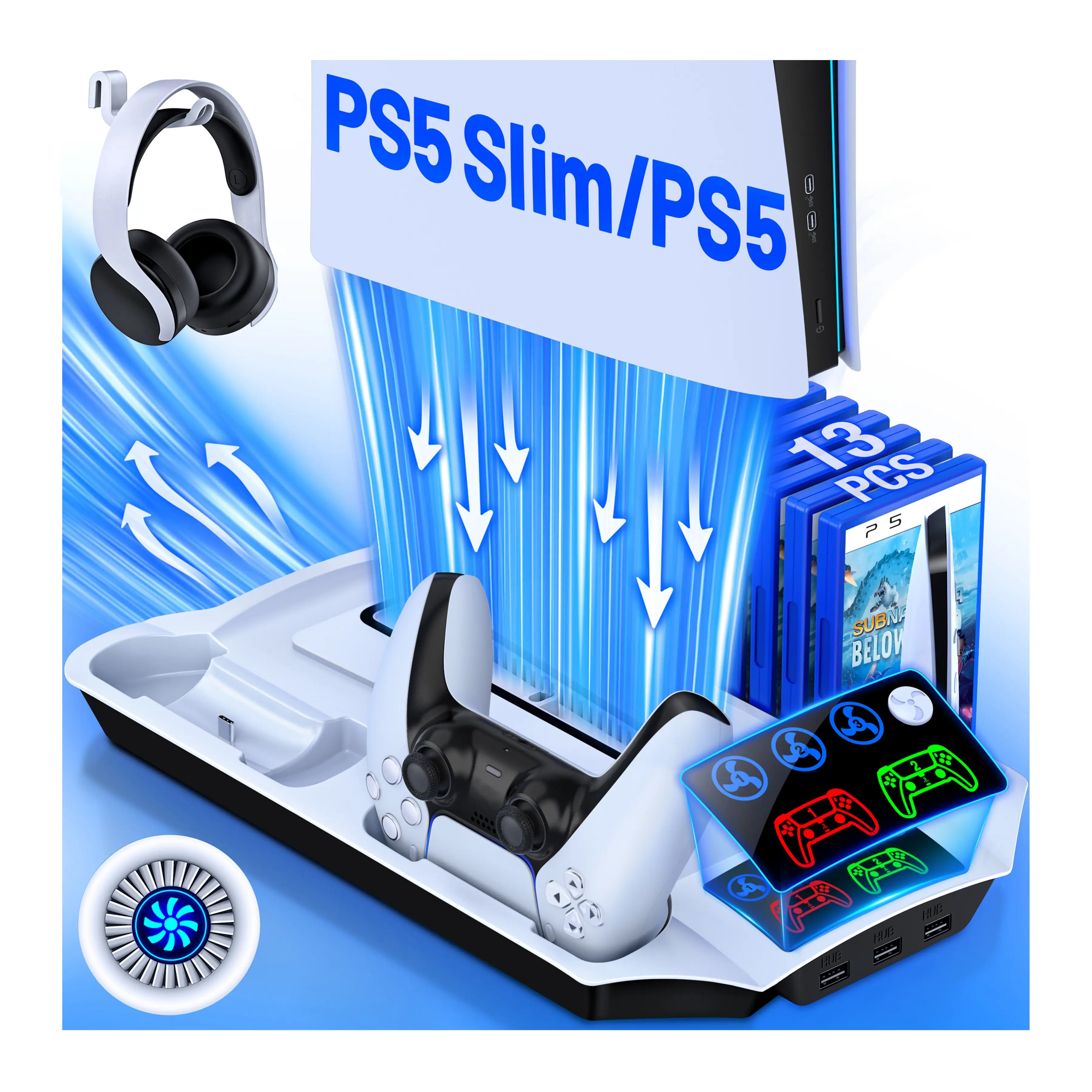 ESYWEN PS5 Slim/PS5 Pro Stand & Cooling Station with Dual Controller Charger, 3-Level Fan, 13-Game Holder, USB Hub, Headset Mount, Fast Charging Dock, LED Indicators