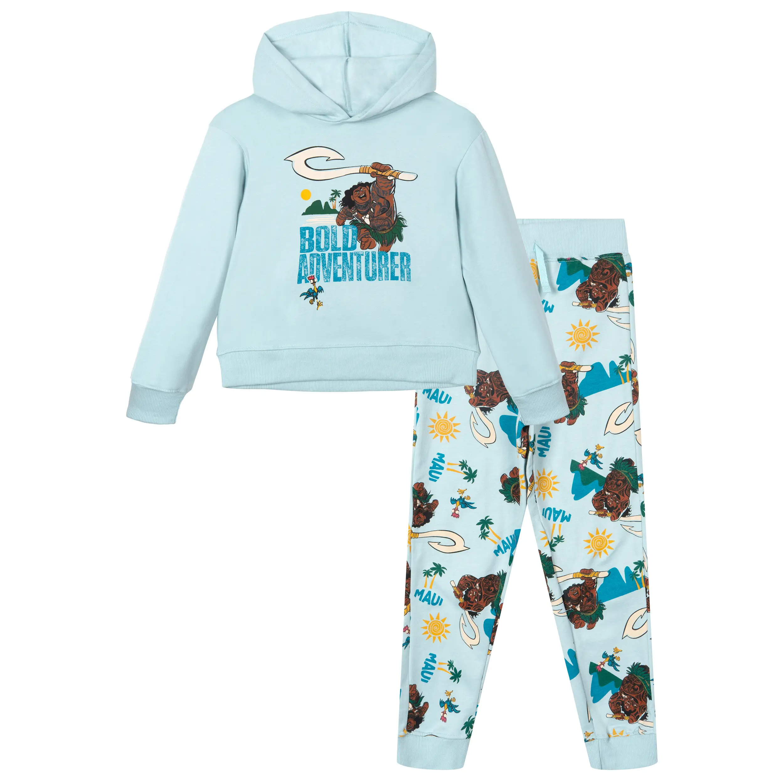 Disney Moana Maui Boys' 2-Piece Fleece Pullover Graphic Hoodie and Allover Print Pants Set Hei Hei Blue Toddler to Big Kid