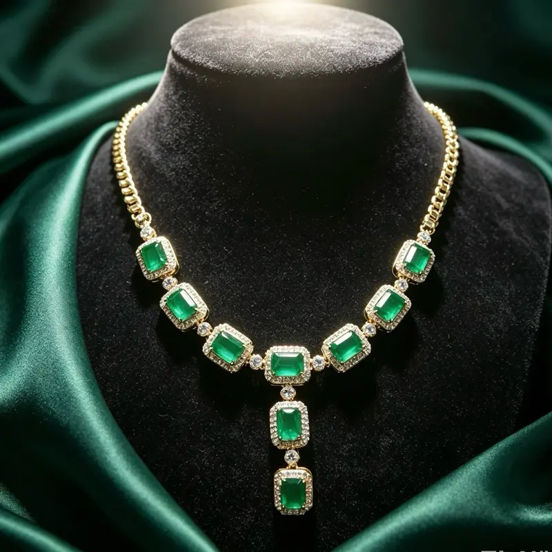 <PingEast Jewelry>Emerald necklace--925 Sterling Silver Gold-Tone Luxury Necklace set with 9 natural 0.75ct emerald-cut strong-fluorescence eye-clean Colombian emeralds. Simple, elegant, and delicately refined — a timeless piece that pairs effortlessly wi