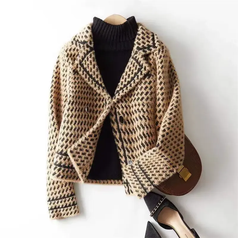 Women's Small Fragrance Style Houndstooth Knit Jacket, Vintage Double Breasted Cardigan with Pockets, Fitted Long Sleeve Autumn Outwear, Clothes, Knitwear