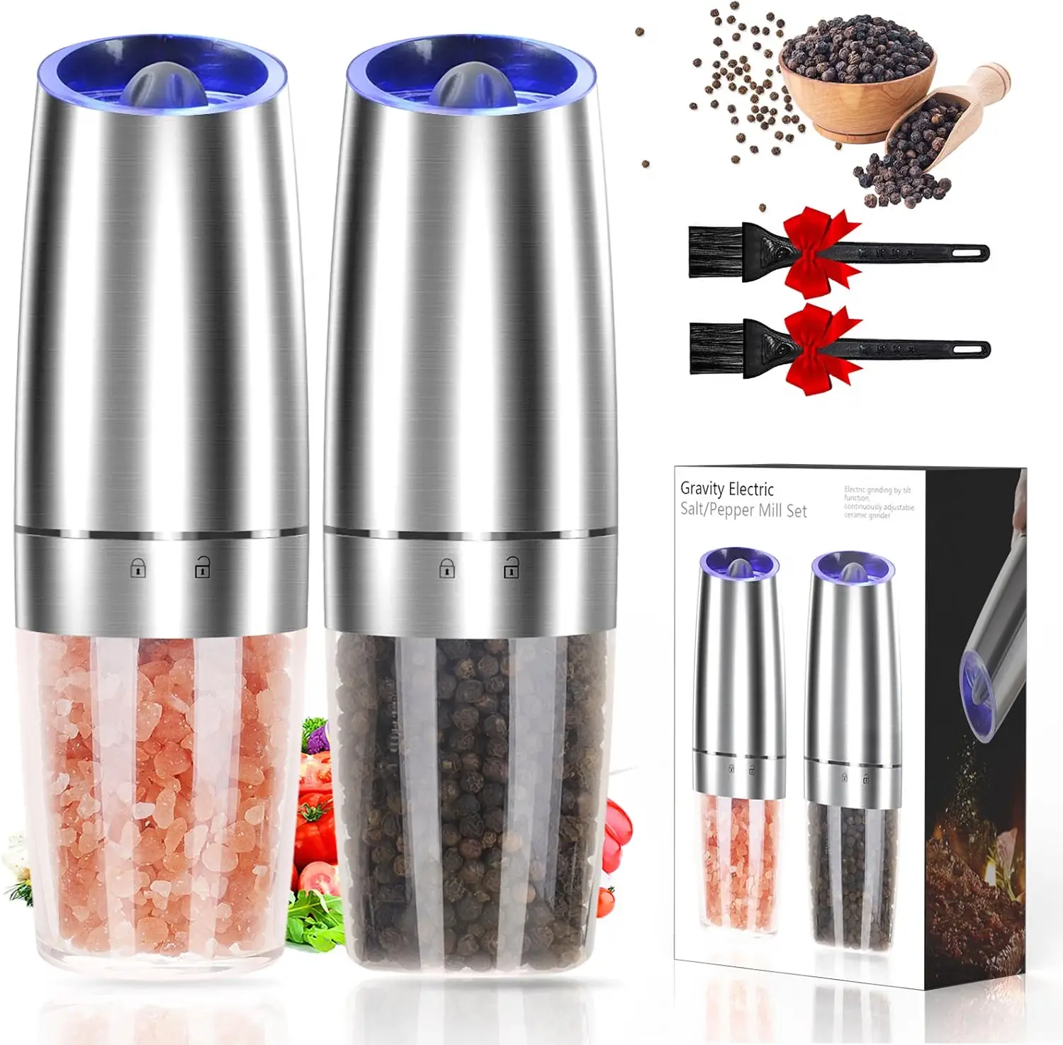 Automatic Gravity Electric Pepper and Salt Grinder, Adjustable Coarseness Automatic Shakers Mill Grinder with LED Light, Battery Powered, Upgraded Larger Capacity, One Hand Operated (Sliver 2 Pack)