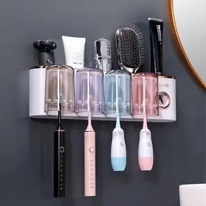 Wall-Mounted Toothbrush Holder Set with Mouthwash Cup, No Drilling, Automatic Toothpaste Dispenser, Bathroom Accessory, Plastic Material