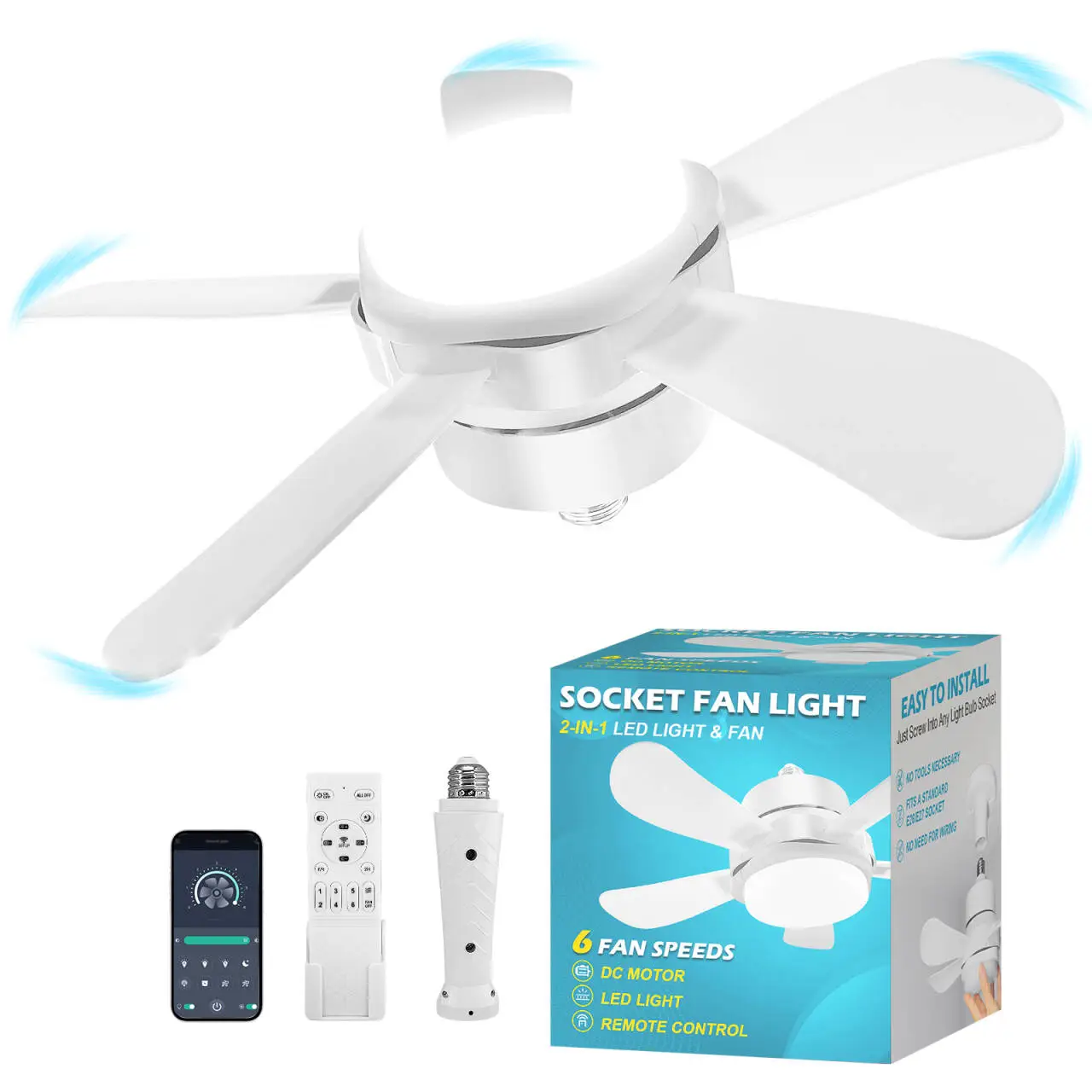 Ahmylion Socket Fan Light With Remote, Screw Ceiling Fans with Lights, 5 Reversible Blades, Quiet 6-Speed DC Motor, Dimmable Socket Fan for Garage Bat