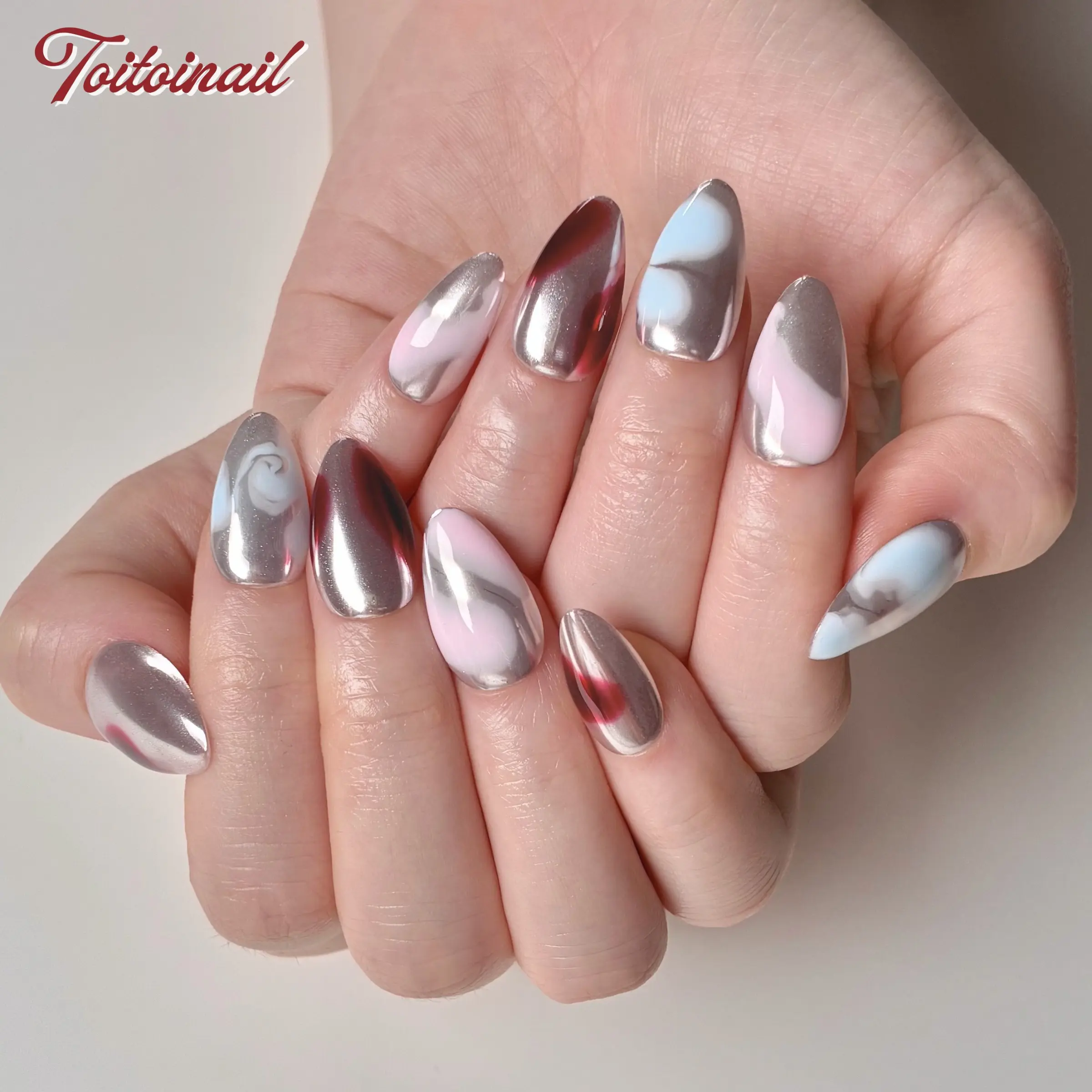 Silver Mirror Color Block Handmade Press-On Nails | Short Almond Shape, 10pcs Handmade | Silver Mirror Powder + Red Blue Pink Color Block Swirl | High Gloss Metal Texture | Reusable DIY Nail Kit for Edgy Daily/Party | Trendy Y2K Baddie Aesthetic Look