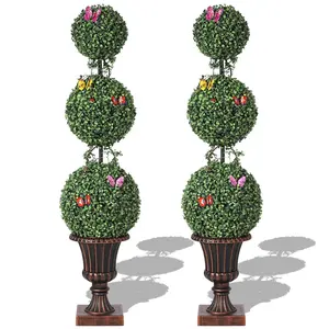 【GARVEE】4 FT Artificial Triple Ball Topiary Trees with Trophies Flower Pots, Artificial Plants Outdoor with Vines & Insects Decoration, Topiary Balls Trees for Home Offices Porch Decor, Set of 2
