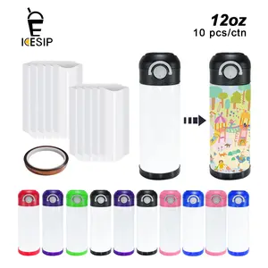 Icesip 10-pack 12OZ Stainless steel sublimation kids water bottler tumbler with flip lids with rubber bottom and shrink wrap for kids event activities gift custom DIY Insulated Travel Drinkware Vacuum Insulated Flask
