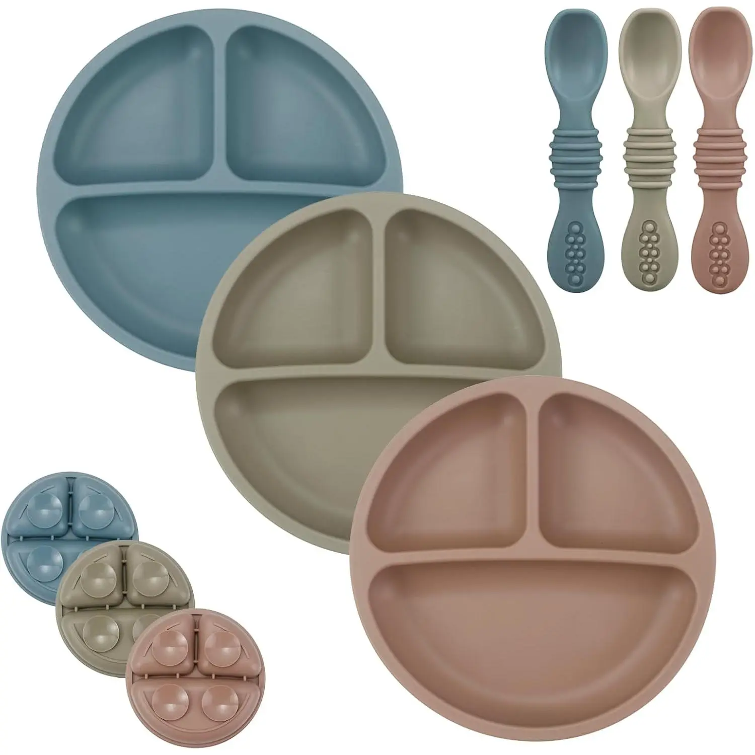 Silicone Baby Food Feeding Set - 3-Pack Non-Slip Divided Suction Plates with 3 Synthetic Spoons, Dishwasher & Microwave Safe, Blue/Red/Brown Utensils for Little Hands in Everyday Life, Silicone Utensils