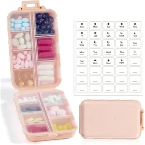 14 Grids Travel Pill Organizer Box with Labels - Pink Medicine Case Kit - Pocket Daily Pharmacy Container - Foldable Travel Medication Holder Dispenser with 40 Labels & Food Grade Material