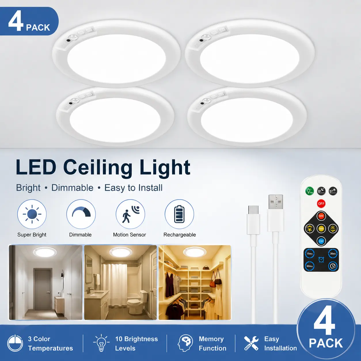 GMOX 4 Pack Rechargeable Motion Sensor Ceiling Lights, 6000mAh Wireless LED Lights with Remote Control, 3 Color Temperatures & Dimmable Brightness for Closet Hallway Pantry