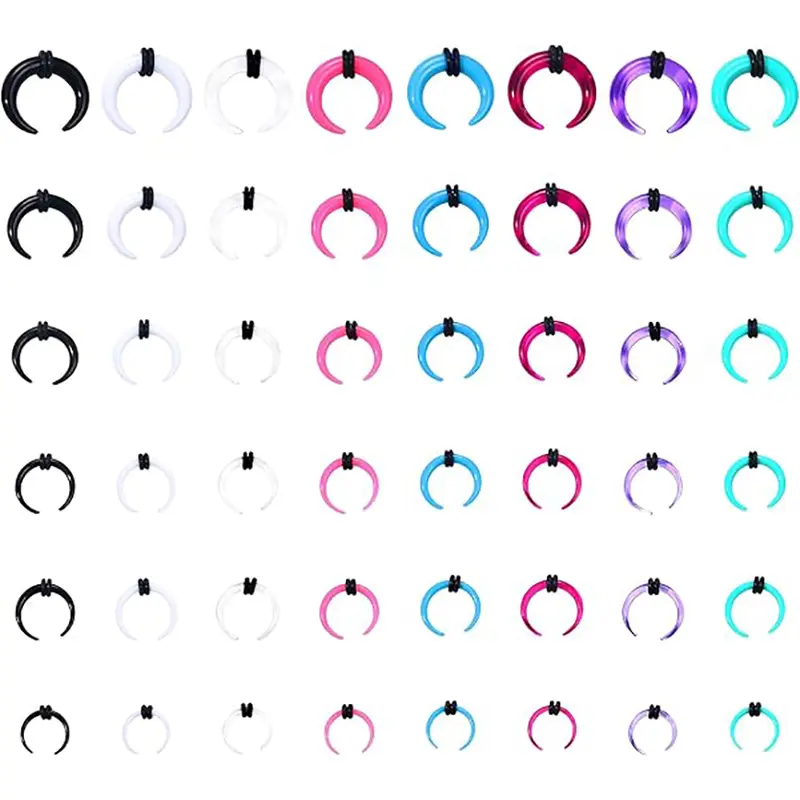 48Pcs Acrylic Septum Stretching Kit 14G-4G Hypoallergenic C-shape Buffalo Pinchers with O-rings for Nose Ear Cartilage Piercing