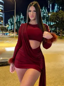 Women’s Sexy Autumn Bodycon Mini Dress – Fitted Silhouette, Fuzzy Sleeve Cuffs & Waist Cutout Party Outfit