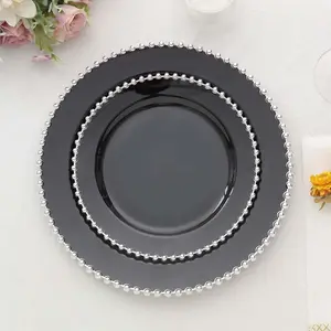 10 Pack Plastic Dessert Appetizer Plates in Black with Silver Beaded Rim, Disposable Round Salad Party Plates 8"