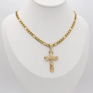 Gold Crucifix Necklace 14K Plated Diamond Cut Cross 5mm Figaro Chain Hypoallergenic Timeless Symbol for Men
