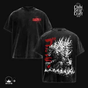 Godzilla Shirt Gojira King Of The Monsters Kaiju Sketch Line Art Brushstroke Japanese Katakana Poster Vintage Washed Oversized T-Shirt Hoodie Sci-Fi Movie Graphic Tee Faded Dark Red Monochrome Streetwear Merch Gift For Movie Fan Clothes