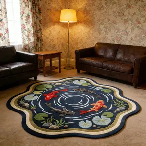 1 pcs, living room floor mat, Decorative area rug, irregularly shaped pond with koi and water lily design carpet, modern retro style rug, soft plush mat, Washable Vintage Rug, hand wash only, suitable for living room, bedroom