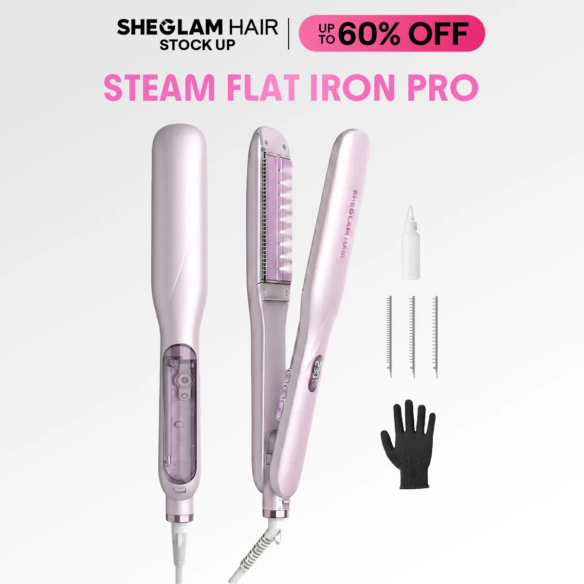 SHEGLAM HAIR Steam Flat Iron Hair Straightener 1.5" Ceramic Flat Iron with Combs Scald-Proof Nano-Steam, Reduces Heat Damage by 90%, 3 Adjustable Steam Levels, 3 Combs for 2B-4C Hair, Dual Voltage, Lasting