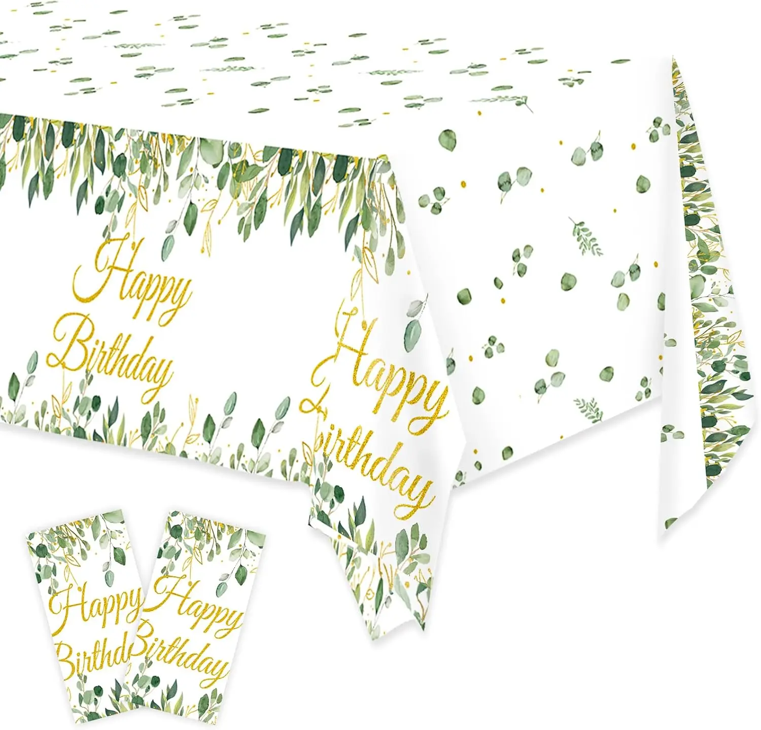 3-Pack Waterproof Sage Green Plastic Tablecloths, Plant-Themed Eucalyptus Leaf Print Glitter Gold Happy Birthday Disposable Rectangular Covers, Generously Sized 54x108in for Kids' Birthday Party Decor Supplies, Water Proof, Generously Sized For Gatherings