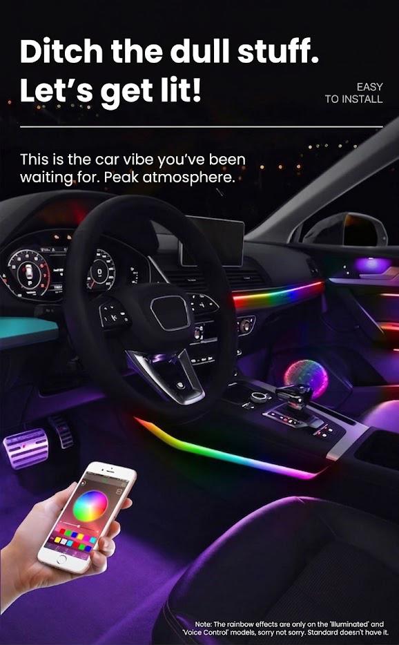 18-in-1 Ultra-Chroma Waterfall Car Ambient Lighting Kit, Professional Dreamcolor RGB Flowing LED Strips ,Dreamcolor Music Sync Interior Glow,App Control RGB Interior LED Lights with Music Sync, Panoramic Dreamcolor Glow for All Cars & SUVs