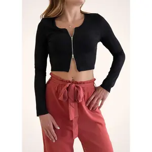 Women's Long Sleeve Double Front Zipper Crop Top in Cream - Casual Ribbed Style Polyester & Spandex Blouse
