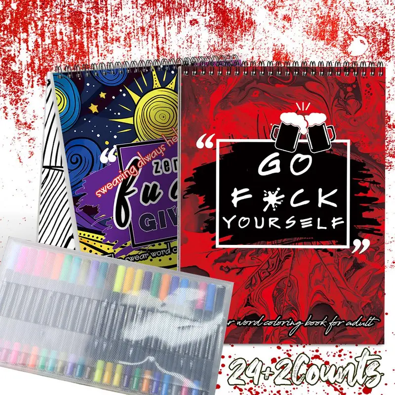 24 Colors Marker Pen & 2 Counts Emotional Language Coloring Book Set for Home School Office, Coloring Book Markers, Perfect Gift for Adults & Teens, Art Materials, Art Supplies