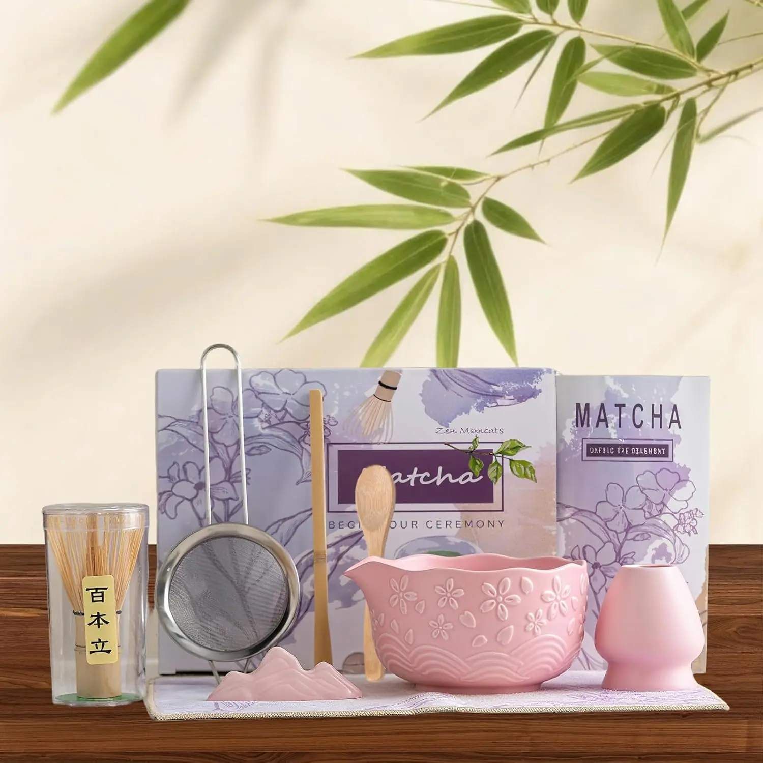 8 Pcs Matcha Whisk Set Chasen Matcha Whisk Bamboo Bowl with Spout Sifter Spoon Scoop Whisk Holder Bamboo Mat Complete Matcha Kit (Pink Cherry)